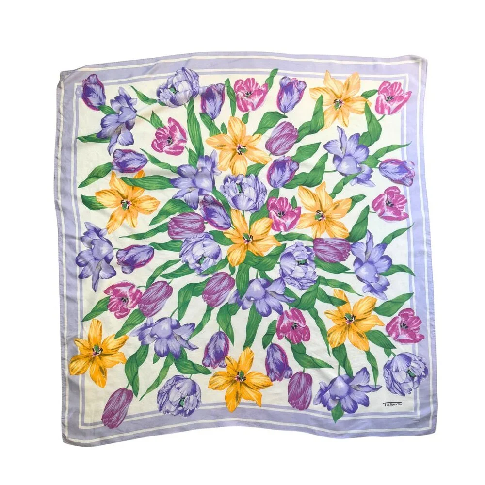 Talbots Silk Floral Scarf Lavender Border Made in Japan 34x35 Vintage - Picture 3 of 6